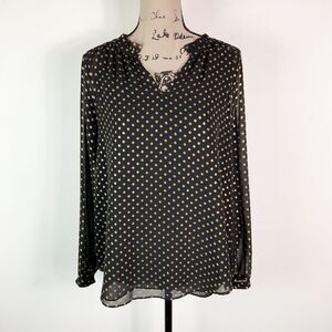 NYDJ NWOT Gold Foil Polka Dot Pin-Tuck Long Sleeve Blouse Black Size S